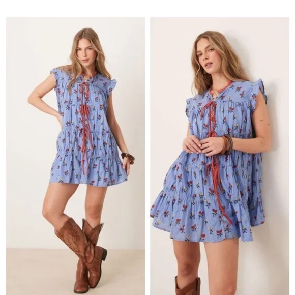 Free People Dresses & Skirts - NEW Free People Blue Floral Ruffle Mini Dress